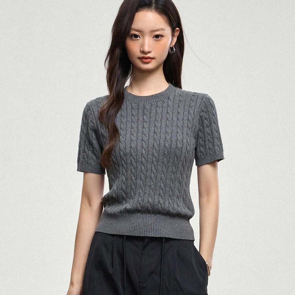 % Cotton knitted sweater women's summer new temperament high-end sense thin twist thin short-sleeved crew neck top thin