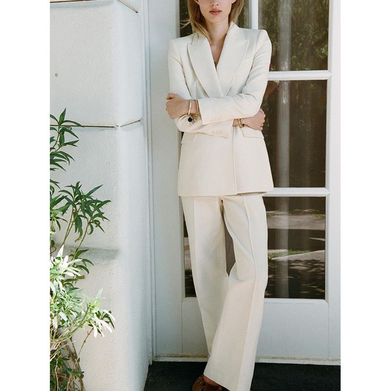 Double Breasted Lapel Long Sleeve Suit Coat 3040135 Stitching Decoration High Waist Casual Trousers 3030135