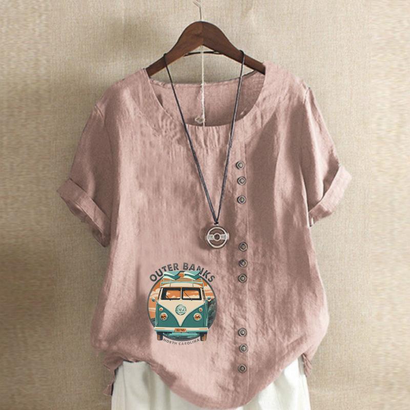 Damenmode Tourenwagen bedruckt Rundhals Kurzarm T-Shirt Lässig Baumwolle Leinen Grafikshirt Freizeit Locker Sommerbluse Tops
