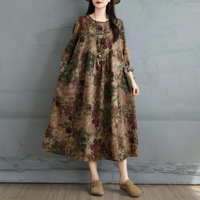 Vestido Vintage para Mujer Talla Grande Estampado Floral de Primavera Manga Larga Oversize Maxi Holgado Básico Casual Largo