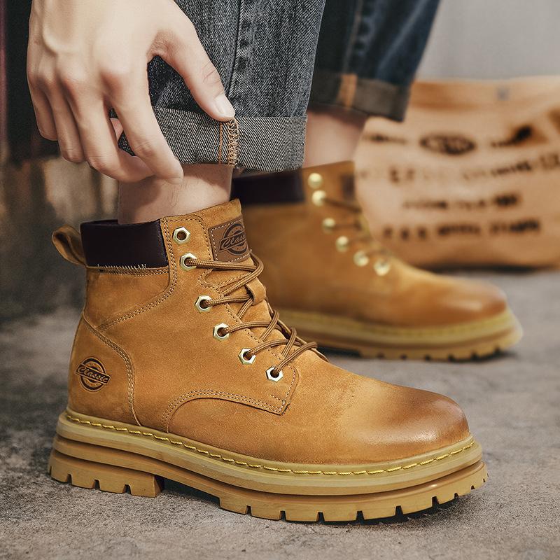 Men's Outdoor Mountaineering Non-slip Tooling Big Yellow Boots Martin Boots Men's Shoes Winter Retro Recreational Locomotive Leather Boots