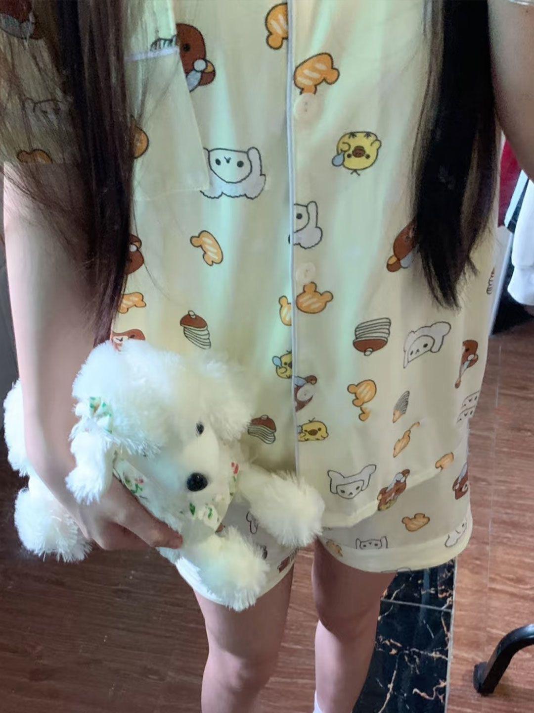 

Japanese Internet celebrities relaxed bear pajamas women s summer short-sleeved shorts cardigan two-piece girl lazy loungewear S