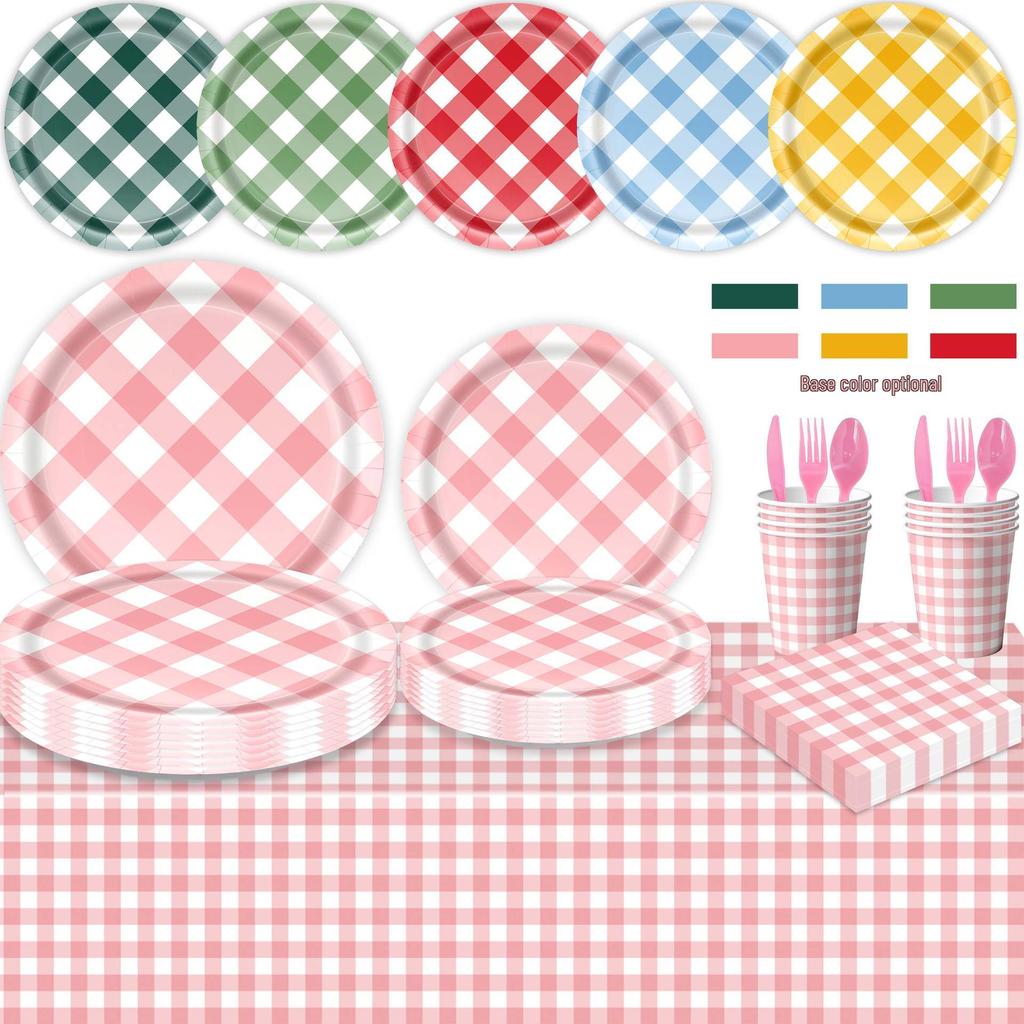 Colorful Plaid Retro Dining Plate Tablecloth for Outdoor Camping & First Birthday Party