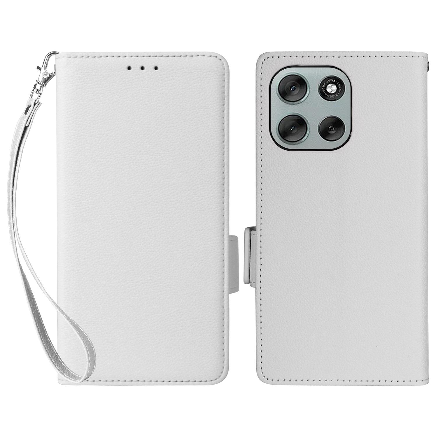 

For Motorola Moto G56 5G Case with Wrist Strap Litchi Texture PU Leather Wallet Phone Cover White