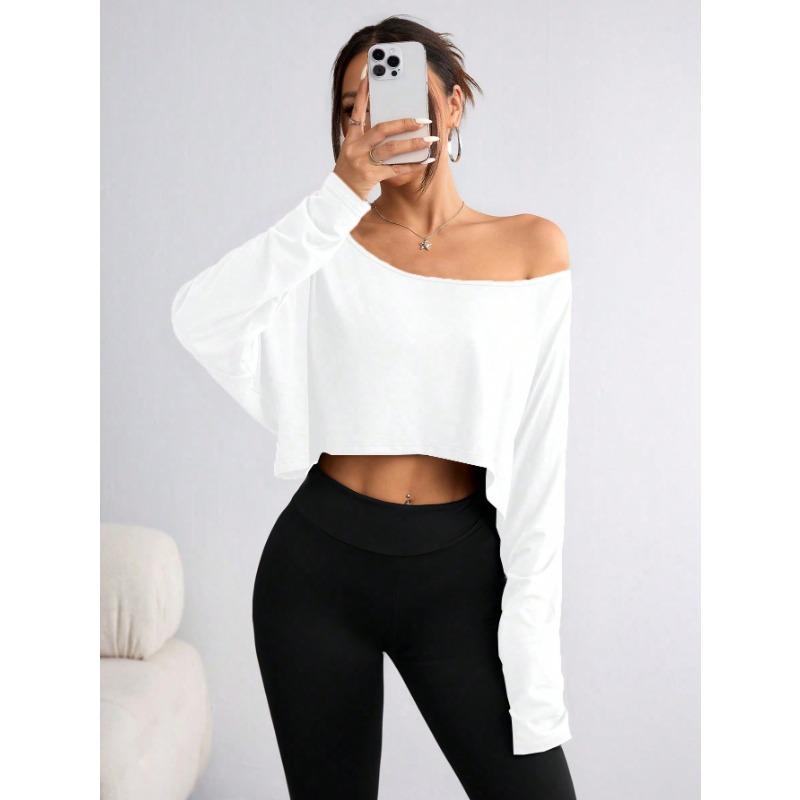 Women Off Shoulder Loose Cropped Long Sleeve Solid Casual Pullover Top