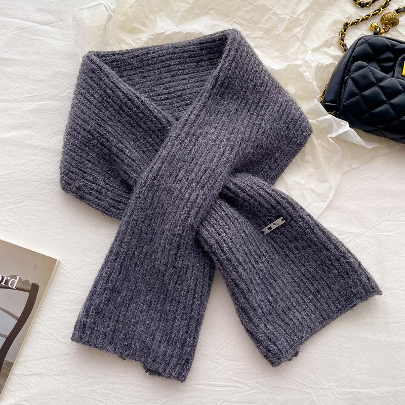 Simple knitted small scarf containing wool, women's autumn and winter age reduction versatile solid color warm cross wool scarf