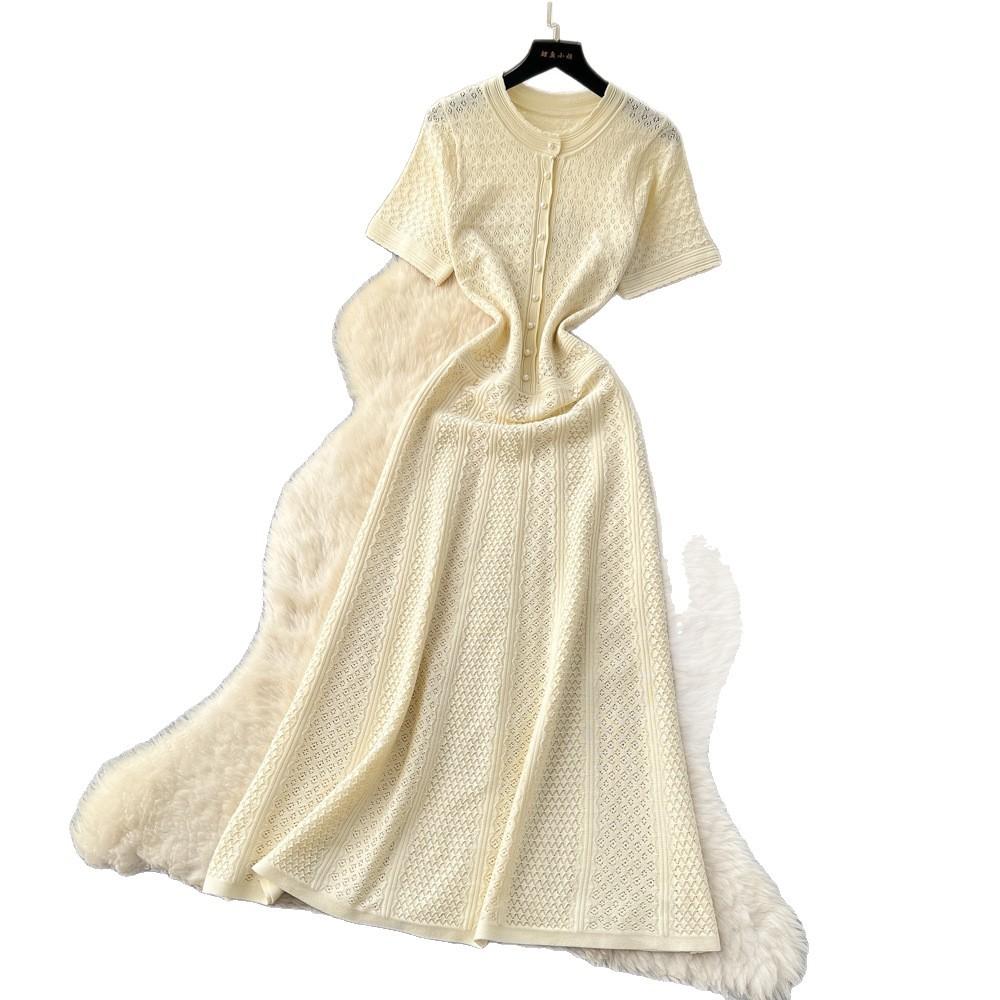 French small fragrant dress women's spring dress new celebrity high-end sense bead round neck waist knitted long dress
