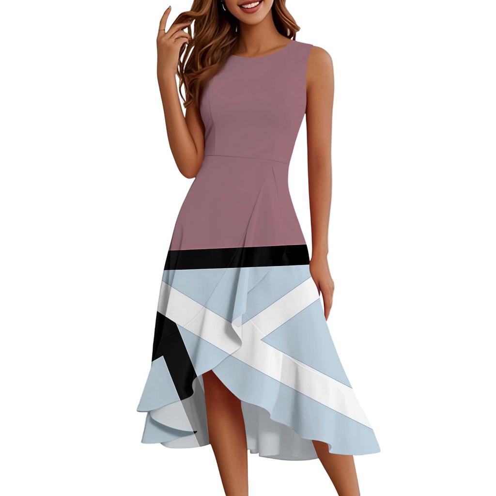 Damenmode Lässig Reißverschluss Ärmellos Rundhals Bedruckt Elegant Temperament Rüschenkleid Kleider