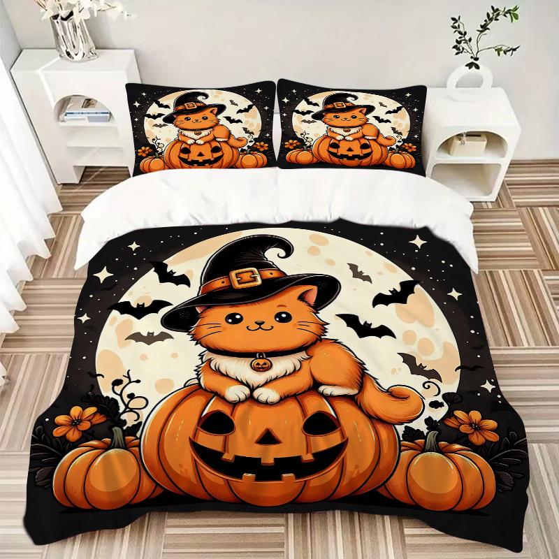 3pcs Moon Orange Cat Pumpkin Halloween Print Cover Set Ultra Soft, Breathable, and Comfortable Bedding with Stylish Design for Bedroom and Guest