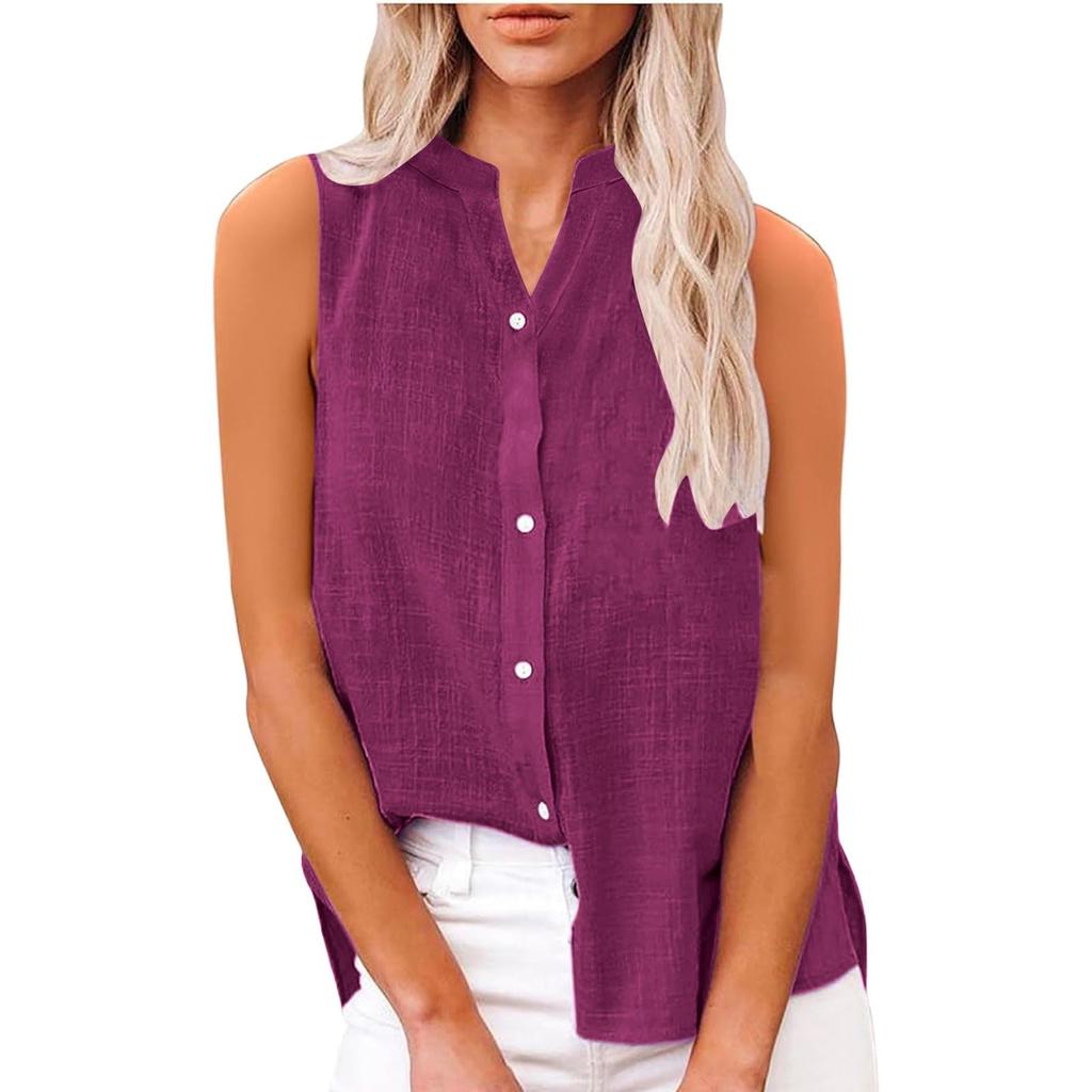 Damenmode Einfarbig Lässig Ärmellos Strickjacke Knopf Locker Baumwolle Leinen Hemd Top