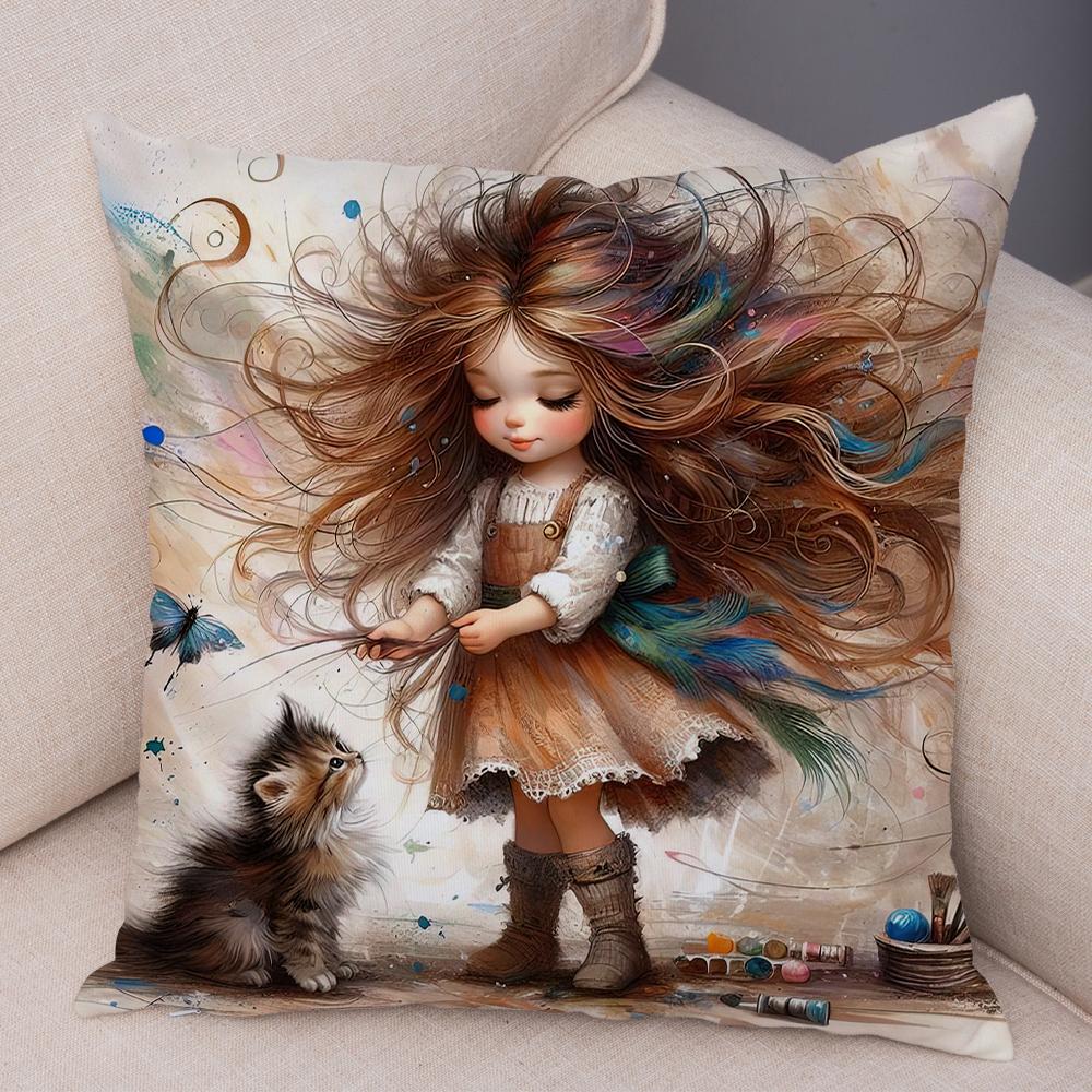 Double Print Cute Cartoon Explosive Hairstyle Cushion Cover Pillowcase Decor for Sofa Home  Super Soft Plush Pillow Case
