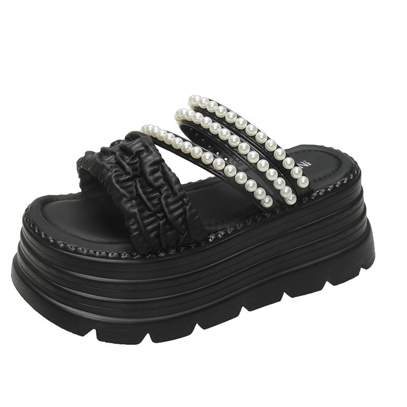 Fashion New 2025 Pearl Strap Chunky Sandals Women Summer High Platform Wedges Slippers Woman Fashion 8CM Heels Thick Bottom Beach Slides