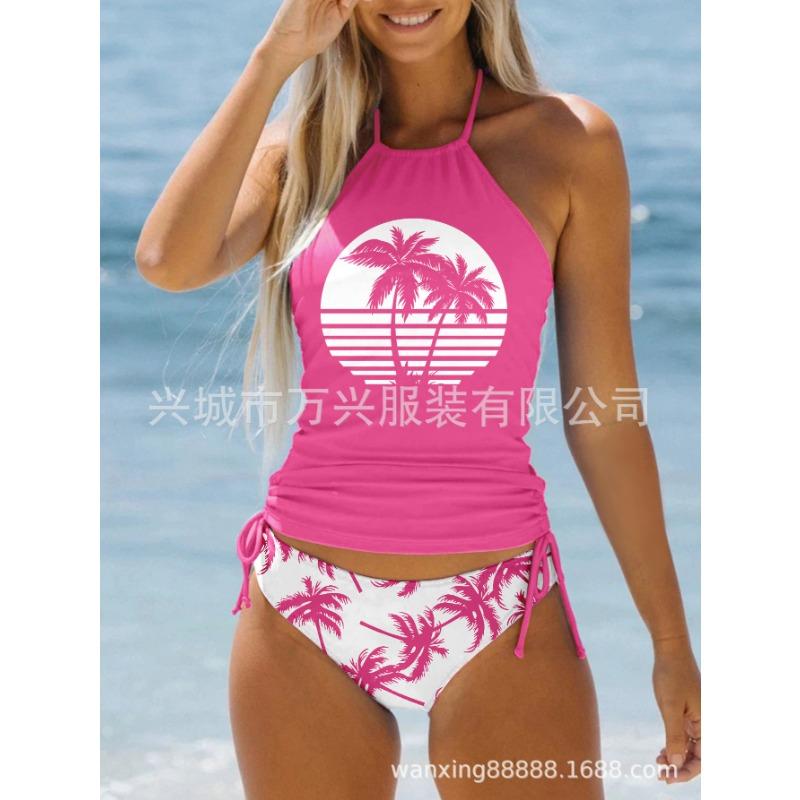 Women's Halter Tankini Swimsuit Two-Piece Palm Tree Print Beachwear with Adjustable Side Ties