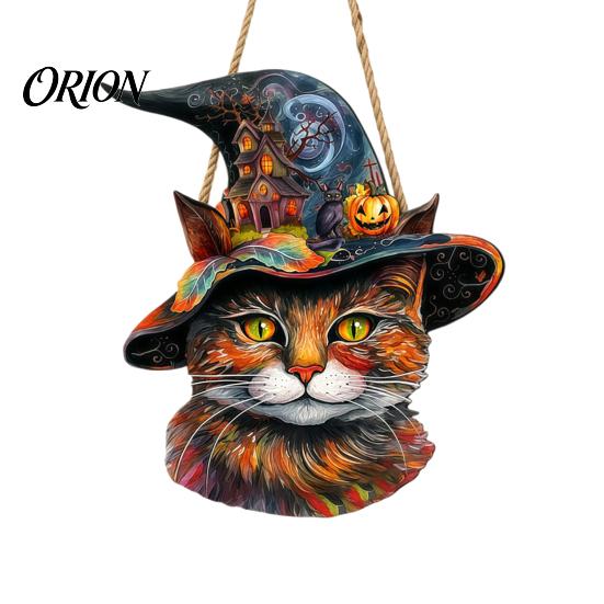 Black Cat Halloween Decor Wooden Hanging Door Sign, Cute Painted Welcome Ornament with Witch Hat Haunted Vintage Sign House Pumpkin, Rustic