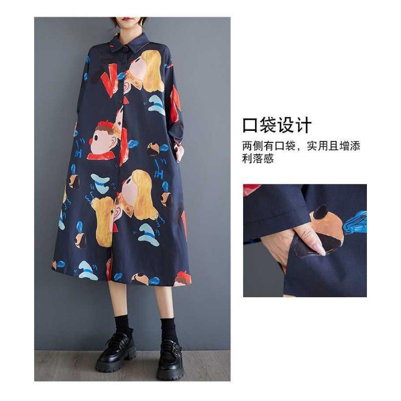 New Loose Large Size Oceanic Printing Mid-length Literary Retro Dresses