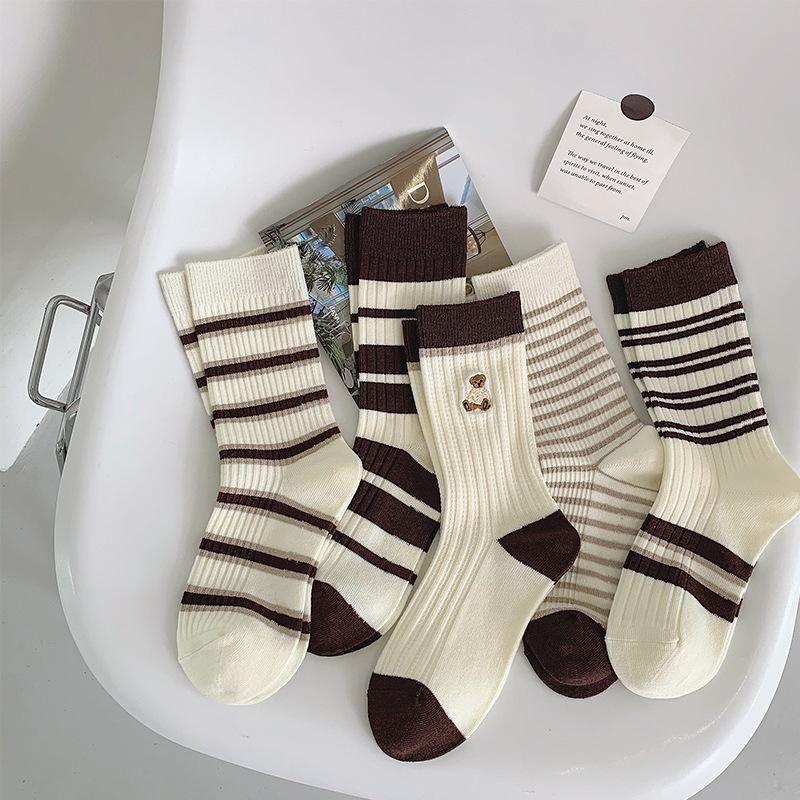 5 Pairs of Women's Spring and Autumn Striped Embroidered Cotton Socks