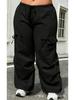 Plus Size Black Trousers with Slit & Bow Detail - Elastic Waist, Loose Fit