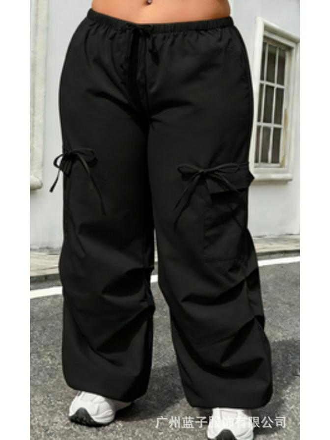 Plus Size Black Trousers with Slit & Bow Detail - Elastic Waist, Loose Fit