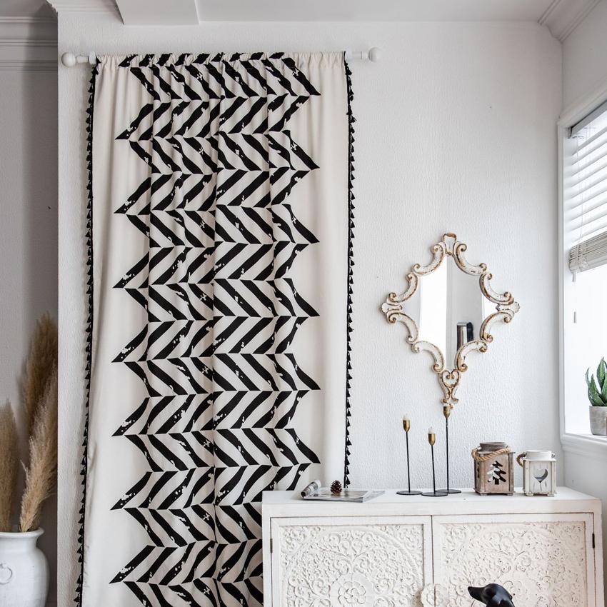 Cotton Linen Blackout Curtain High Quality Ggeometric Woven Built-in Semi-shading Bay Window Cover for Home Living Room Hooks