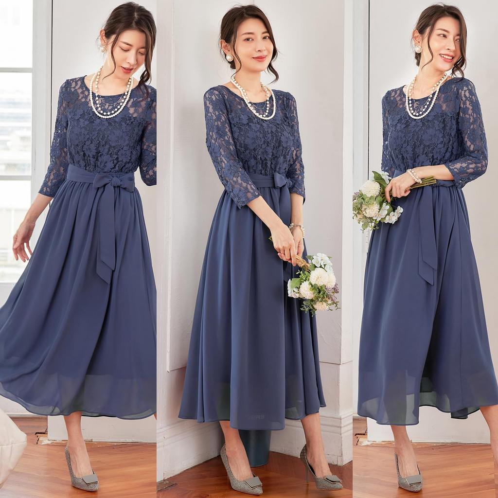 DEEPEYES Lace Party Dress with Round and Long Flared Dress Dark Women's 3/4 Sleeves, Neck, (XL, Blue)