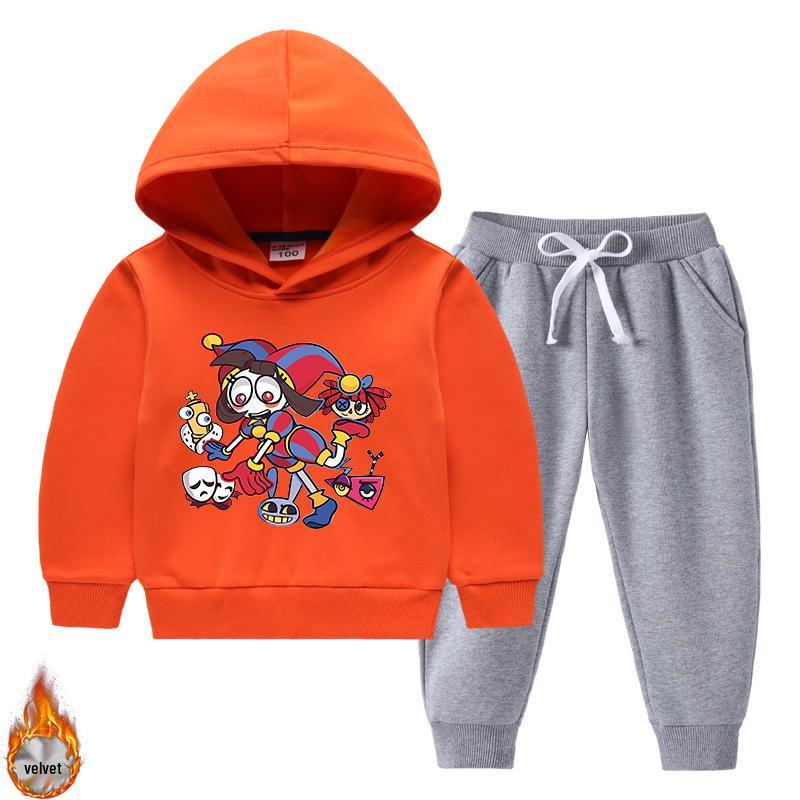 New Style Velvet-Enhanced Hooded Sweatshirt Two-Piece Set for Boys and Girls - Thick Warm Clothing for Autumn and Winter