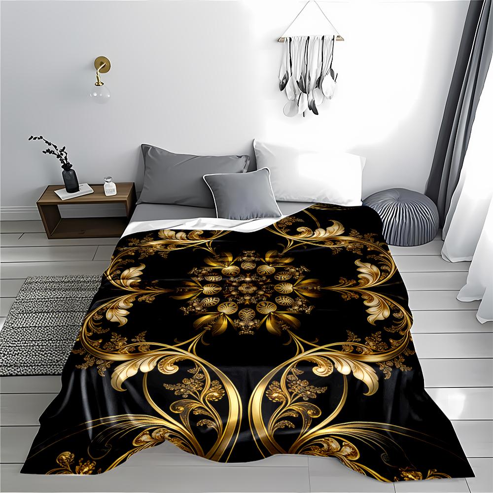 Luxury Golden Floral Mandala Pattern blanket with Black Background blanket, suitable for use in the bedroom, living room, on the sofa