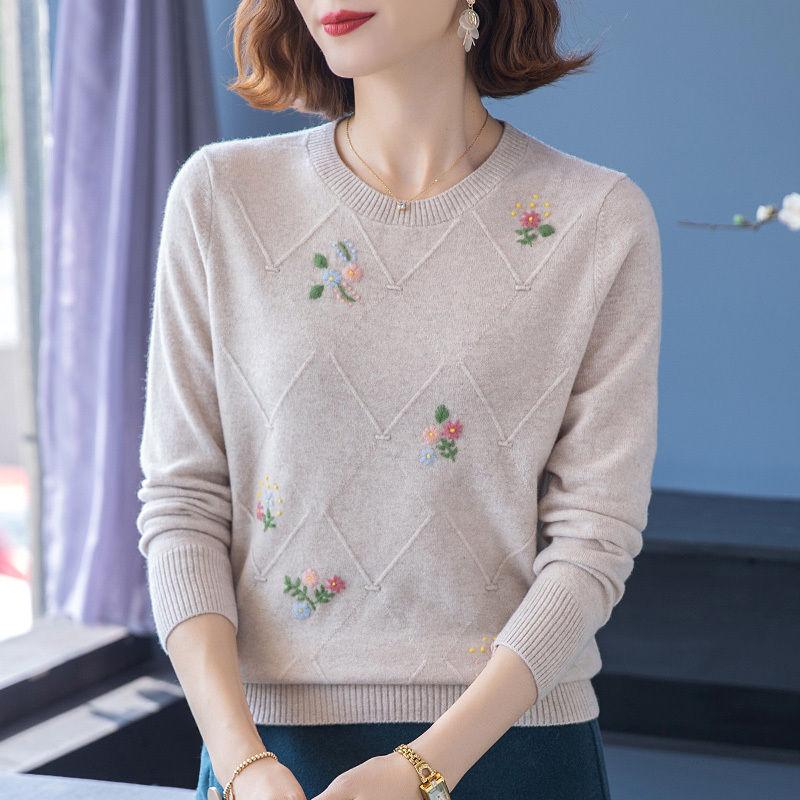 

Женский шерстяной свитер с круглым вырезом, вязаный свитер с вышивкой, весна, осень, зима, свободный, большого размера, короткий пуловер, трикотаж 2XL верблюд