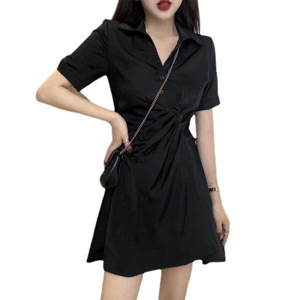 Hepburn Style V-Neck Little Black Dress for Women - 2025 Spring & Autumn Collection, Retro Short-Sleeved Design