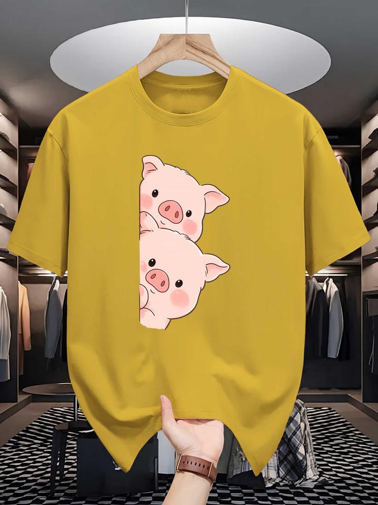 Cartoon Pig Theme Unisexs Red Short Sleeve Cotton Tshirt Two Adorable Blush Pig Peeking Out Minimal Cute Animal Breathable Tops