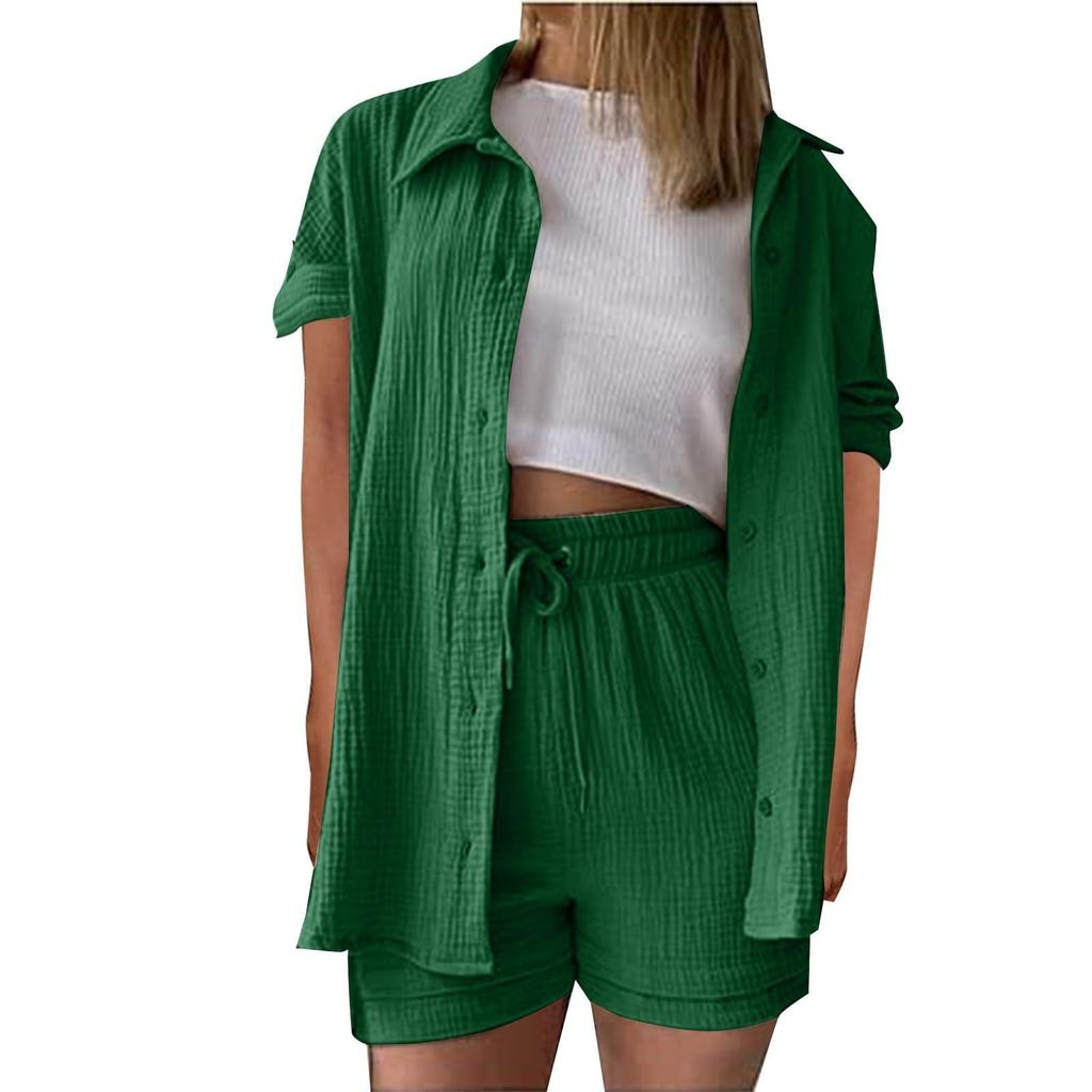Women's Casual And Fashionable Solid Color Lapel Short Sleeved Shirt Top, High Waisted Drawstring Shorts Set