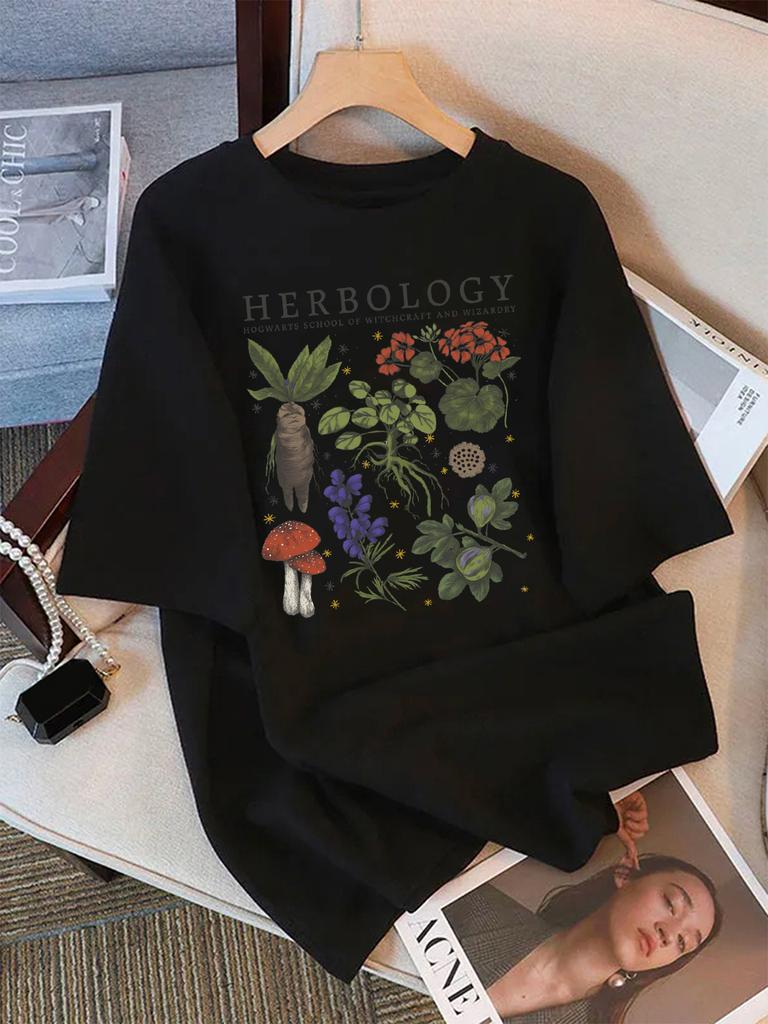 Summer T-Shirts Women Cotton Herbology Plant Composition Printed Tops O-Neck Comfortable Loose Short Sleeve Casual Woman Clothes