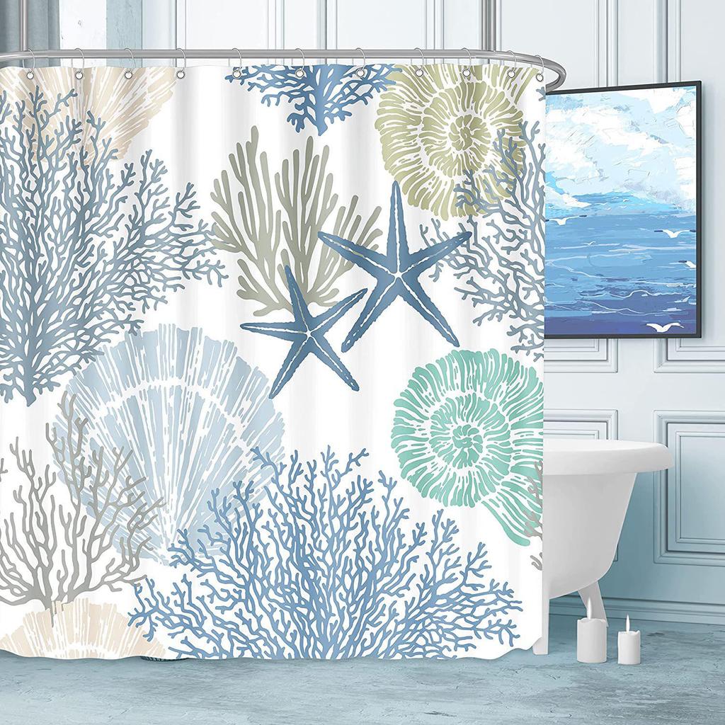 Coastal Marine Shower Curtain: Dolphin, Starfish, Seahorse, Seashell, Sea Turtle - Moisture-Proof, Mildew-Resistant, Waterproof, Beach Bathroom Décor