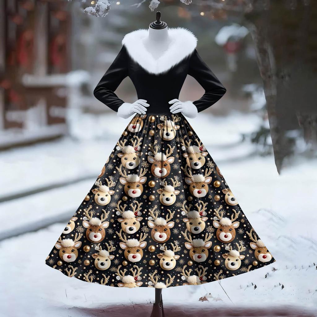 Women's Casual Dress Long-Sleeve V-Neck Patchwork Fleece Christmas Print Dress