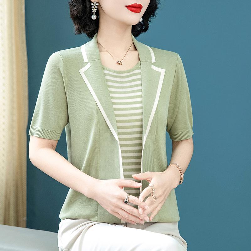 

Mother s Day Summer Knit Short Sleeve Top 2026 - Middle-Aged & Elderly Women s Two-Piece Ice Silk T-Shirt 3XL (120-135 lbs)