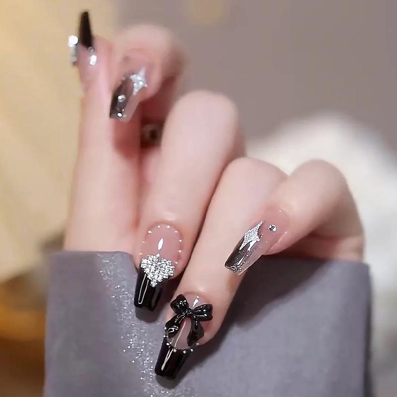 Elegant Spicy Girl Black Bow Heart Rhinestone Press-on Nails