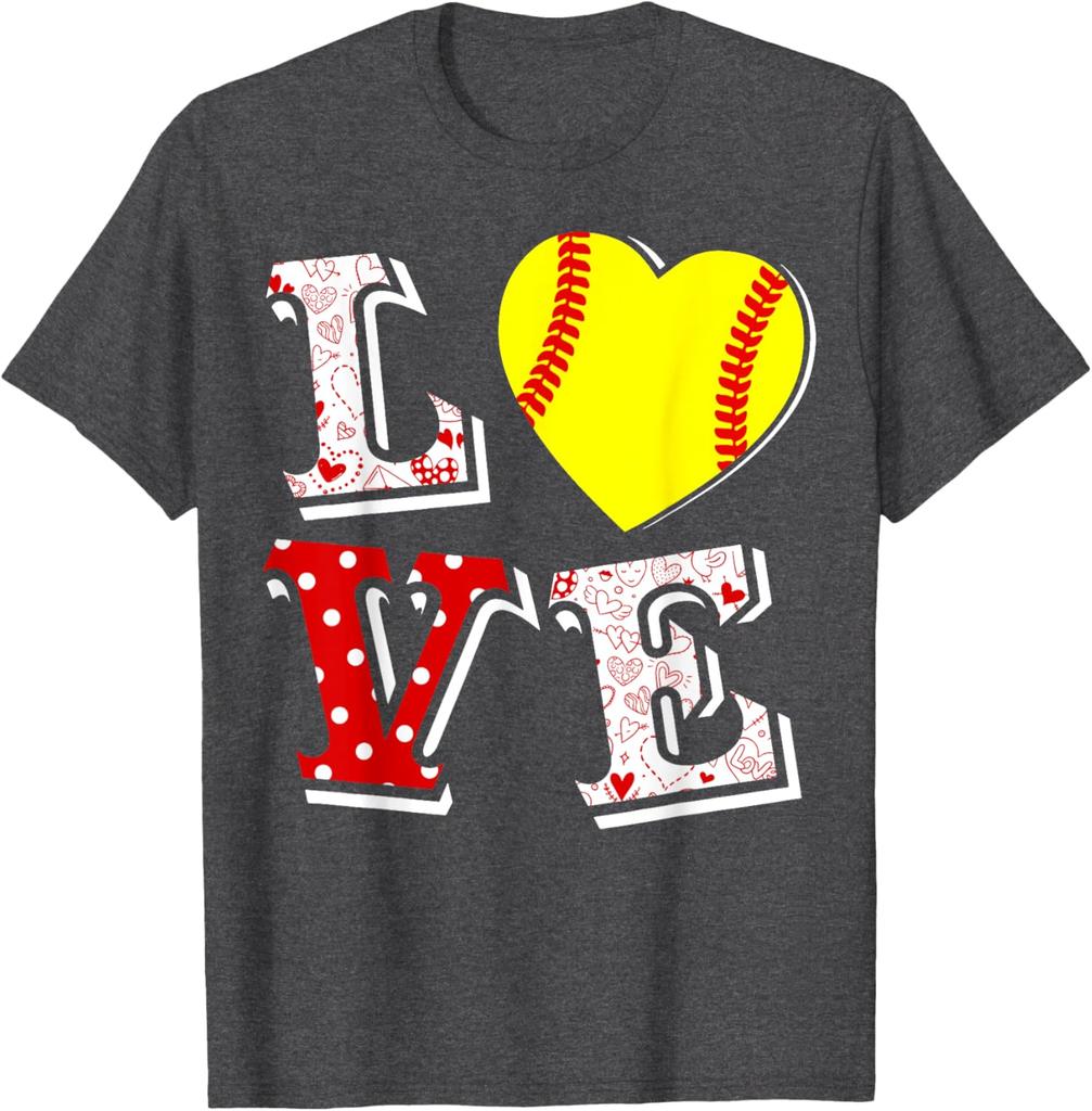 Softball Love Heart Valentine Day Graphic Tee Breathable Cotton T-Shirt for Women Men