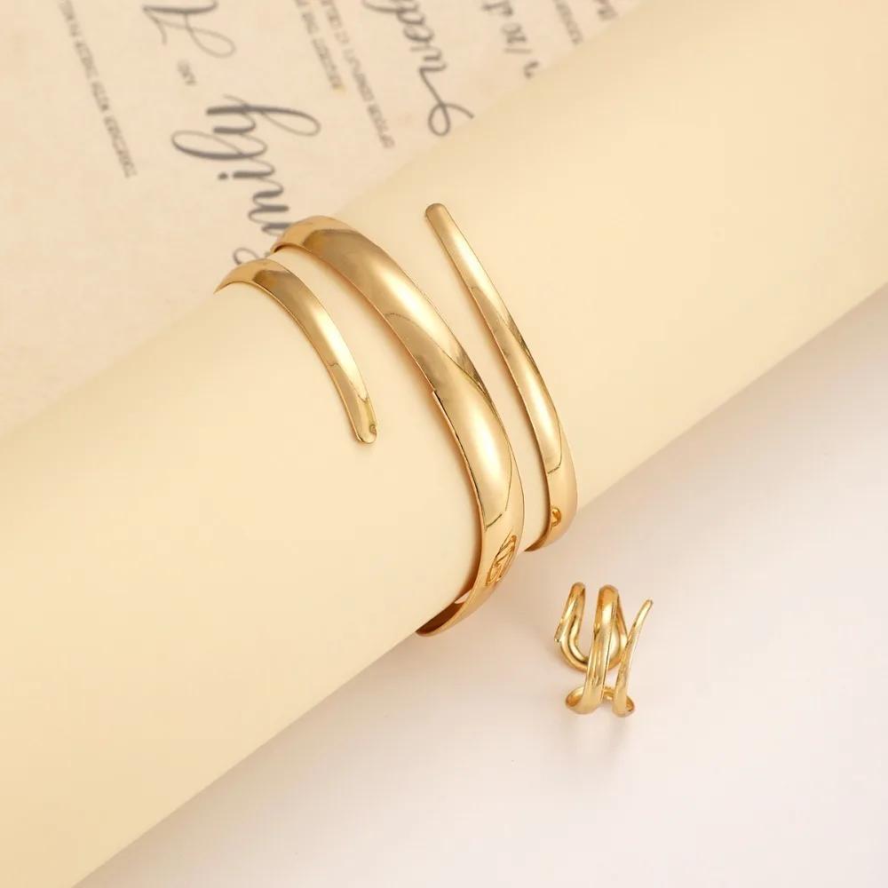 2 Pcs Set Exaggeration Personality Gold Color Spiral Multilayer Bracelet Ring for Women Party Commuting Charms Jewelry Sets Gift