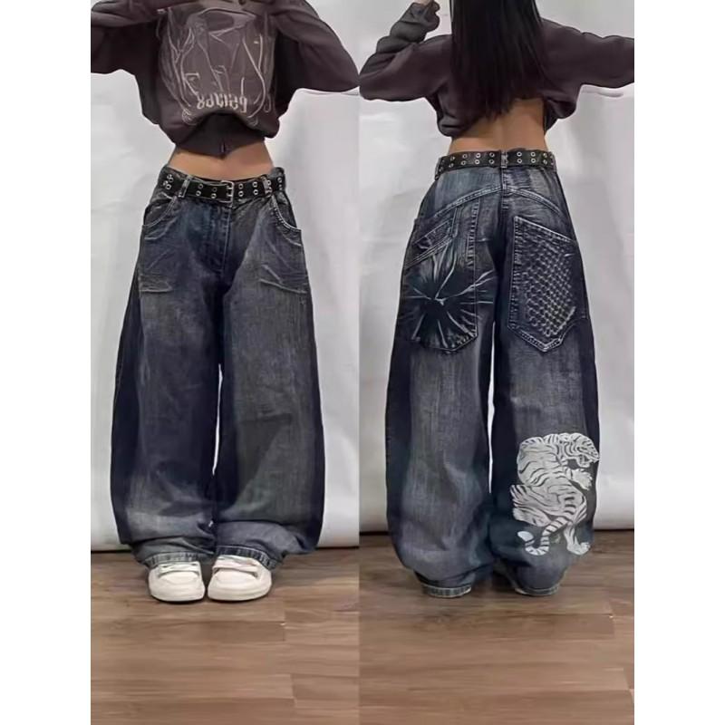 Mens Relaxed Fit Straight Leg Denim Pants With Vintage Embroidery Print Hip Hop Streetwear Harajuku Style