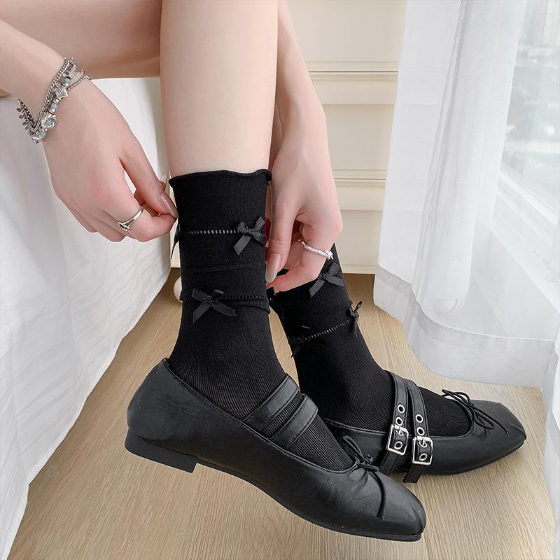Ballet-style Dui Dui Socks for Women Spring and Summer, Thin Bow-shaped Black Ear-trimmed Mid-calf Socks