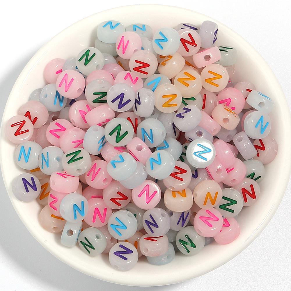 100Pcs/Lot 7mm Acrylic Luminous Beads Translucent Colorful Letter A-Z Flat Round Beads Diy Fashion Bracelet Necklace  Jewelry