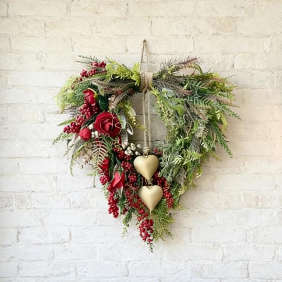 Valentine's Day Farmhouse Heart Wreath for Front Door Rustic Faux Greenery Wreath with Red Roses Berries Vintage Heart Bell for Window Porch Indoor