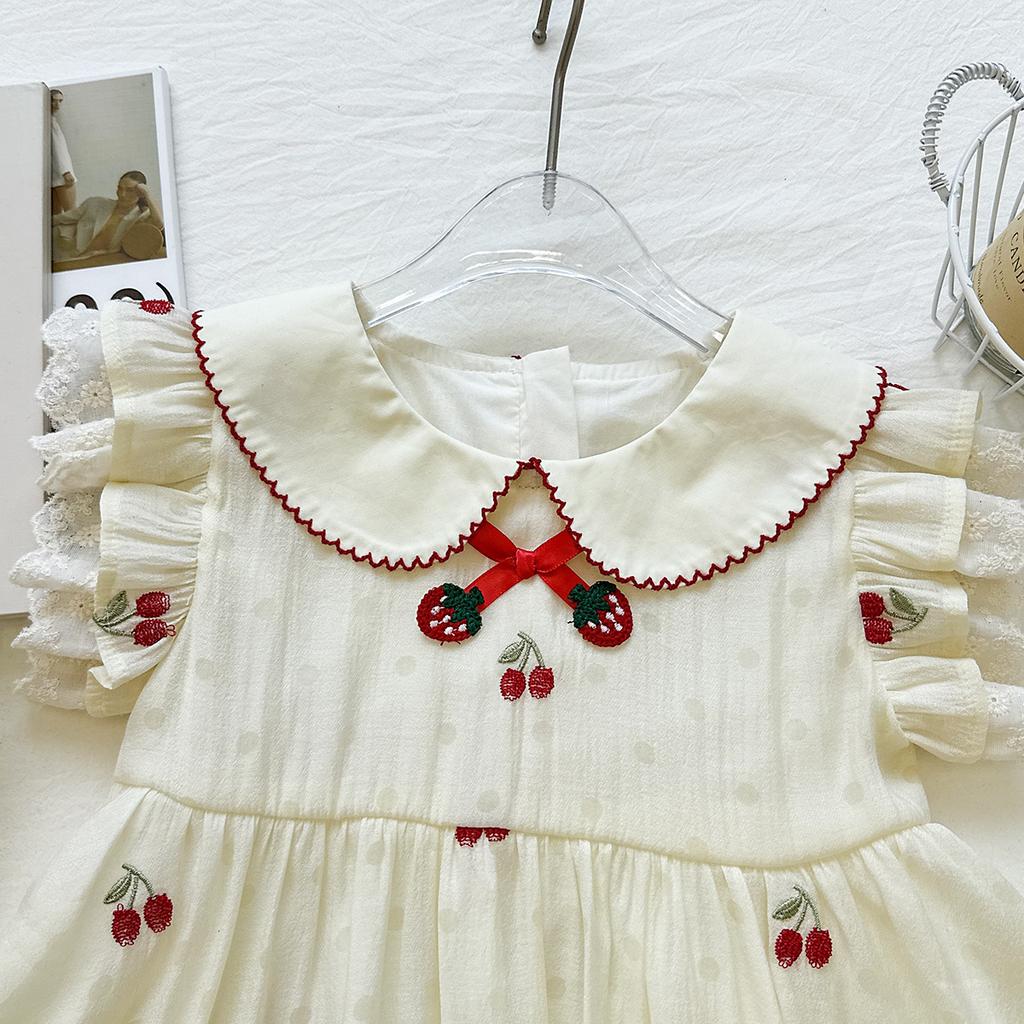 Sommer Mädchen Kirschstickerei Puppenkragen Prinzessinnenkleid Süß Niedlich Stilvoll Baumwolle Partykleid für Kinder