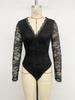 2025 Elegant European & American Lace V-neck Black Jumpsuit with Sexy Hollow Back.