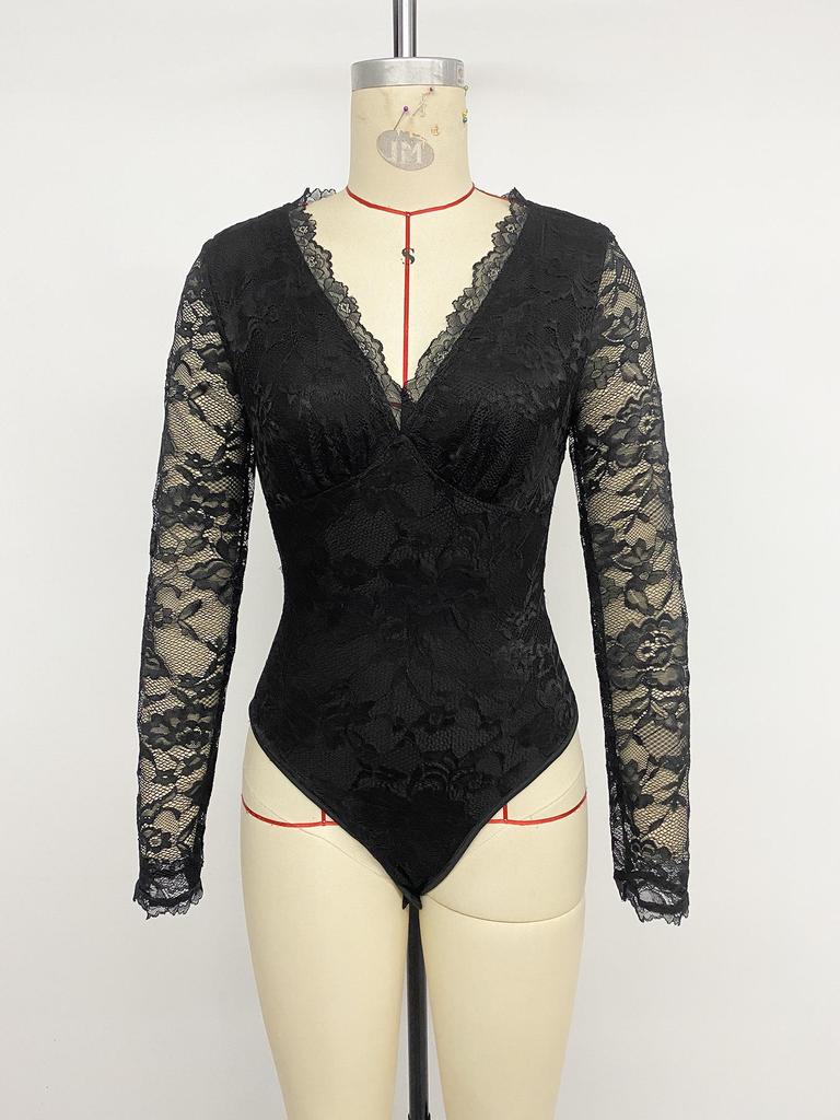 2025 Elegant European & American Lace V-neck Black Jumpsuit with Sexy Hollow Back.