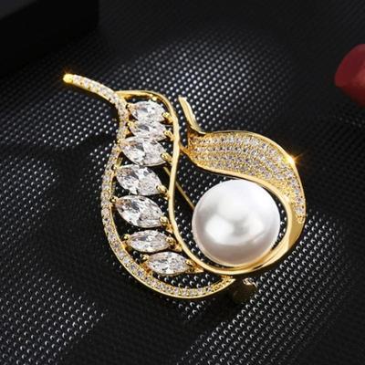 Mode Luxus Strass Einfaches Blatt Perle Reversnadeln Broschen Damen Kleidung Mantel Zubehör Geschenke