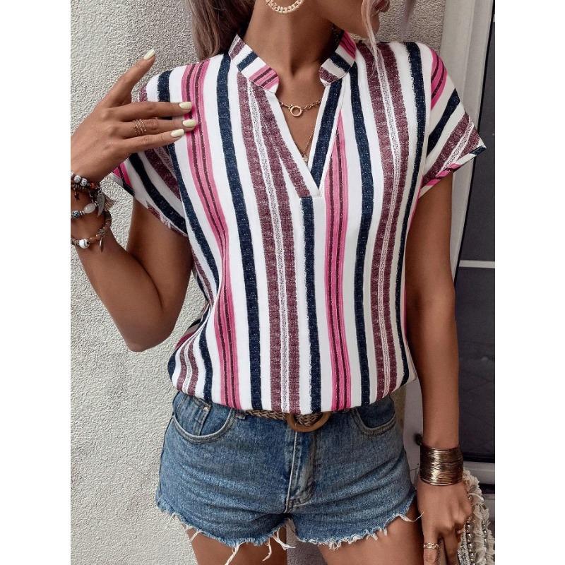 GMXIA Women's Fashion Casual Leisure Summer Stripe Print Short Sleeve V-Neck Blouses & Shirts