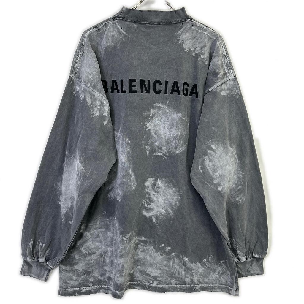 BALENCIAGA 796917 Back Logo Damaged Long Sleeve T-Shirt tops 2 grayUsed