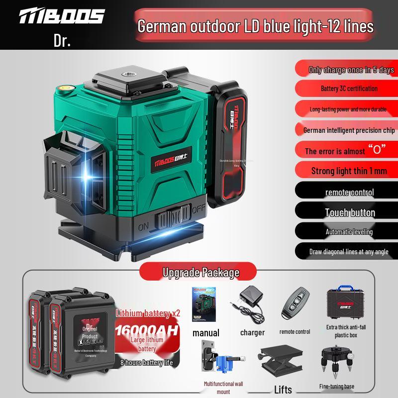 High-Precision 12-Line Outdoor Green Laser Level with Automatic Leveling for Walls and Floors