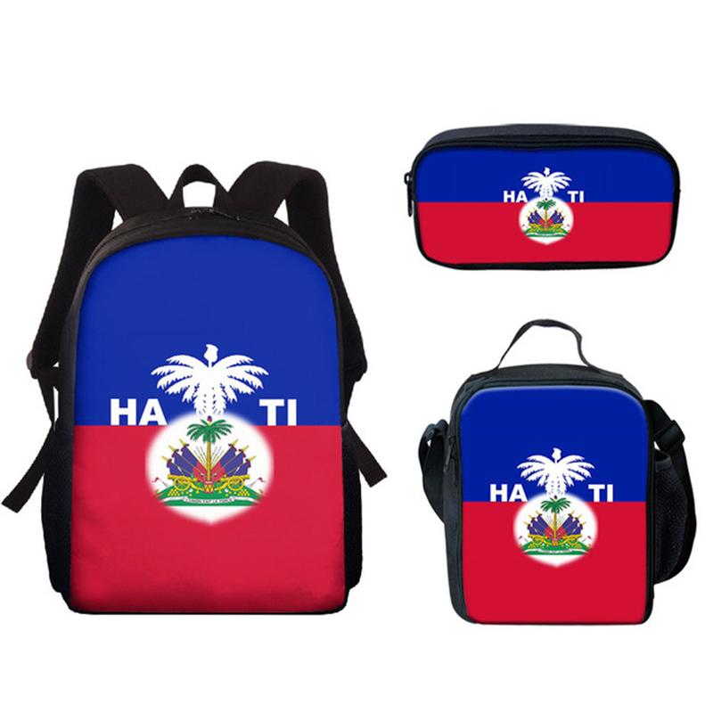 Classic Popular Novelty Funny Haiti Flag 3D Print 3pcs/Set Pupil School Bags Laptop Daypack Backpack Lunch Bag Pencil Case
