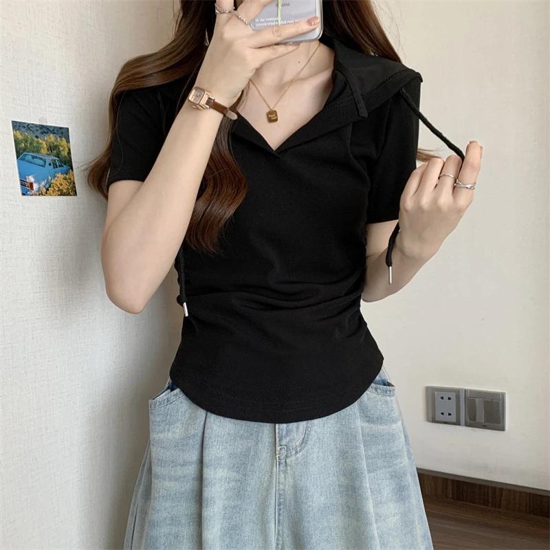Women s Dark Gray Drawstring Hooded V Neck Side Ruched Curved Hem Short Sleeve Tee L чёрный